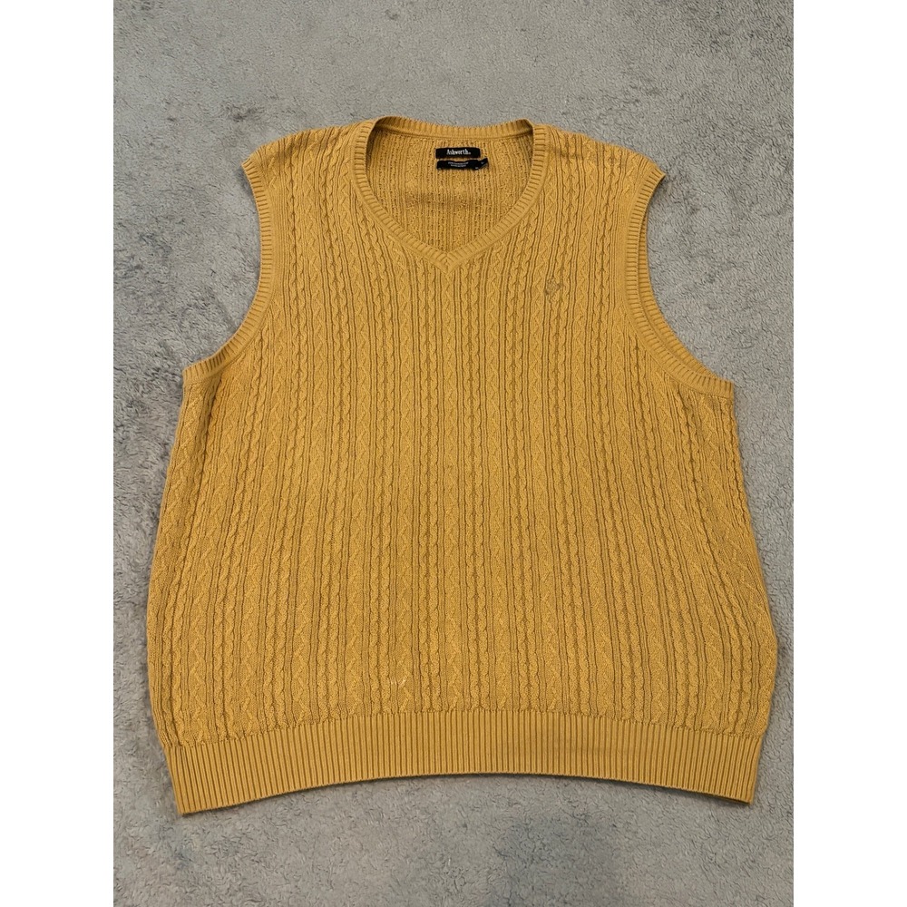Ashworth Mens Cable Knit Sweater Vest Mustard Yellow Pima Cotton V-Neck Large